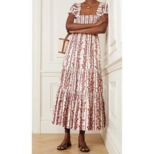 Tory Burch Smocked Floral-Print Midi Dress size S small